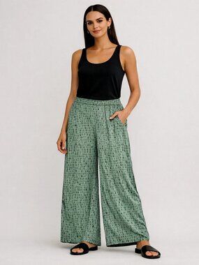 Eileen Fisher Silk Blend Wide Leg Pants Green M Quiet Luxury Minimalist Style